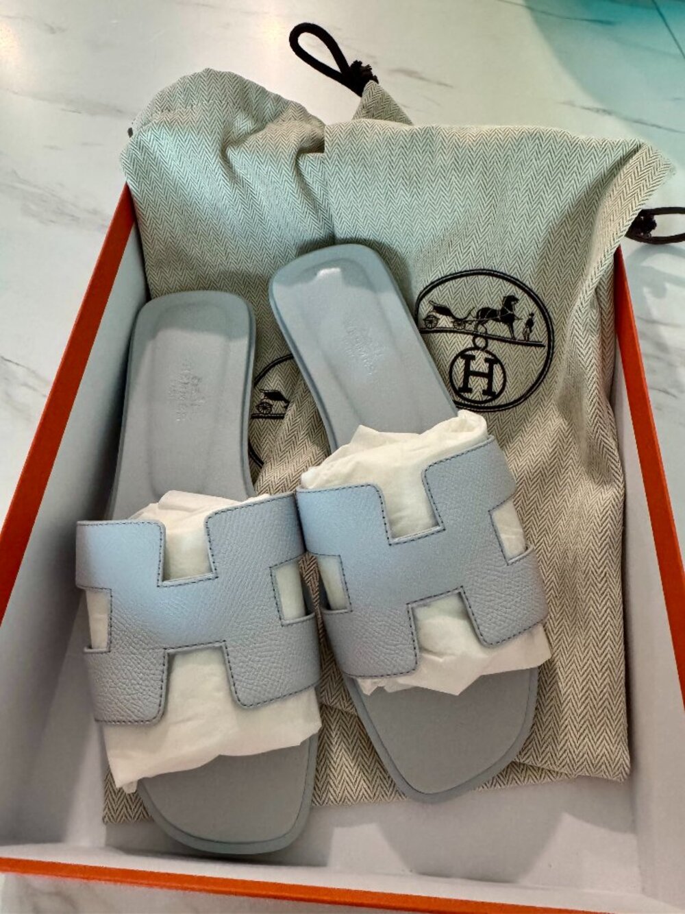 HERMÈS Oran Sandals Blue/Glacier Epsom Size 37